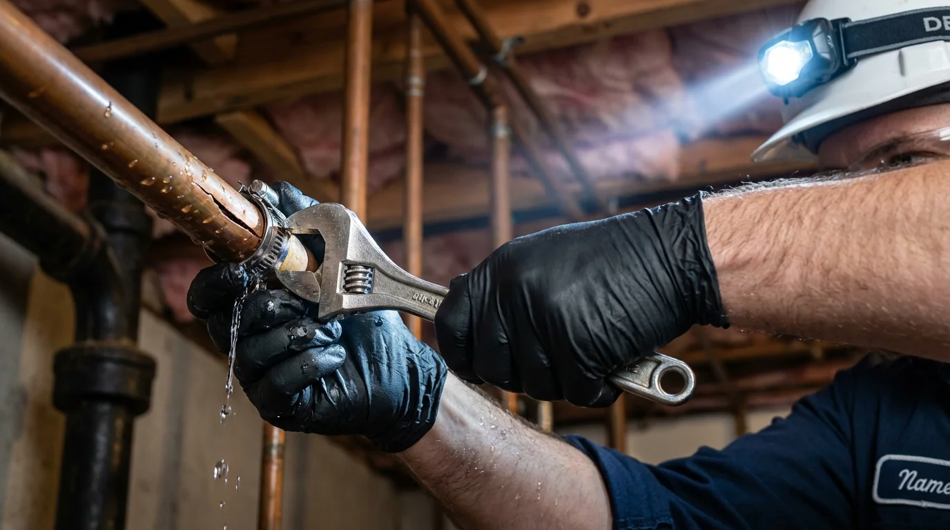 Emergency pipe clamp repair being performed by a Johns Plumbing LLC plumber in Bryan