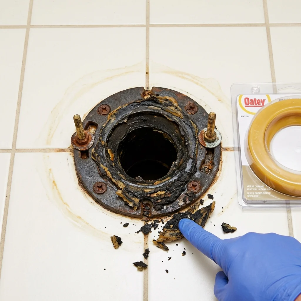 Failed wax ring showing water seepage at the base of a toilet in a Bryan, TX home