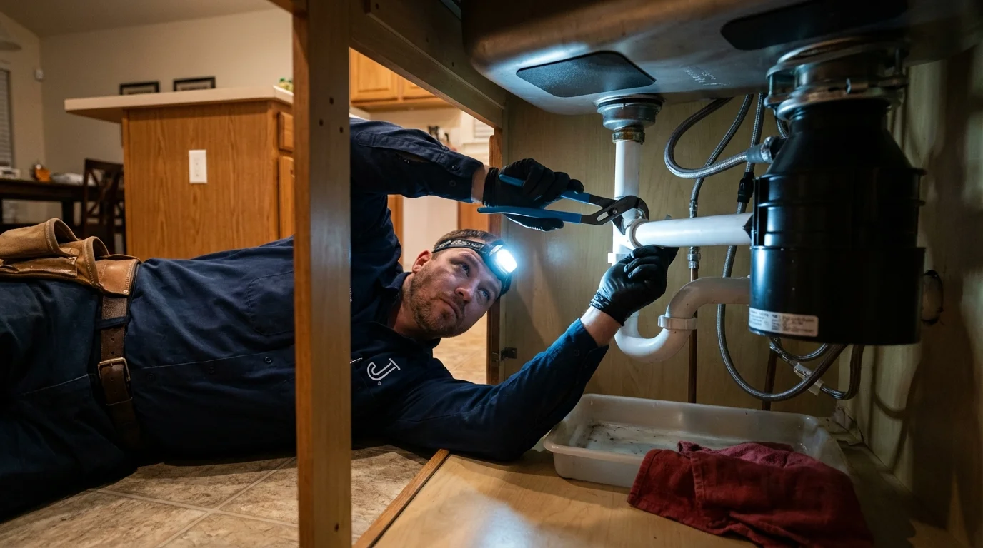 P-trap and supply line connections under a kitchen sink showing a common leak point in Bryan, TX